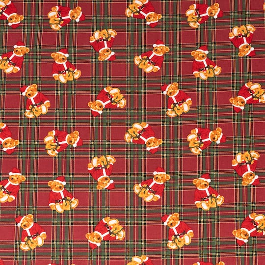 SINGER Santa Teddy Bears on Plaid Print Cotton Fabric